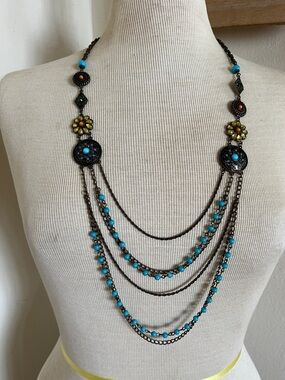 Turquoise Multi-Strand Floral Medallion Necklace Moroccan-style 18" long